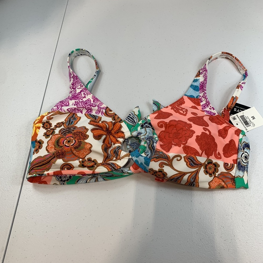 Bar III Women's Swim Bikini Top M Patchwork Floral‎ Tie Back O Ring Boho Beach
